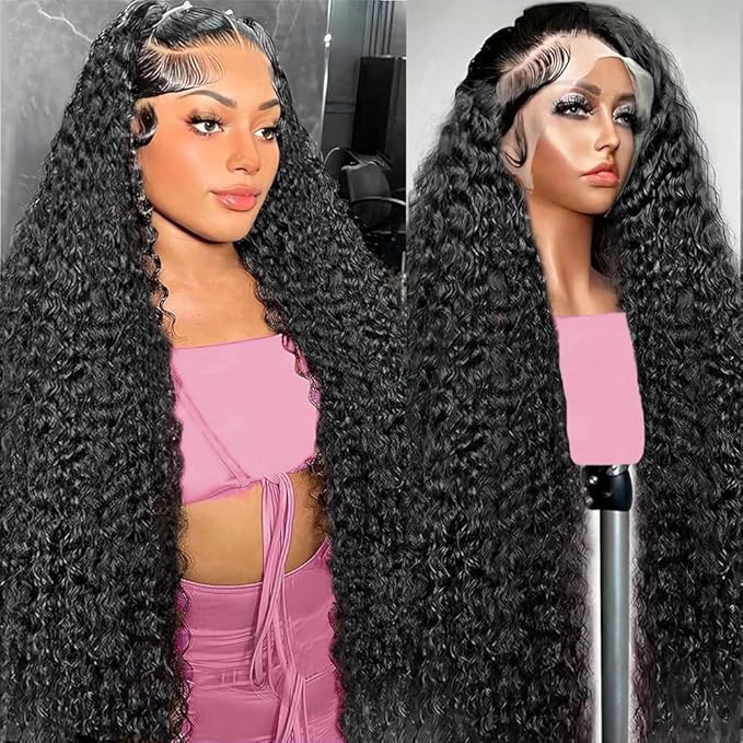 Deep Wave Lace Front Wigs Human Hair 13x6 HD Transparent Lace Front Wigs Human Hair 250% Density Deep Curly Human Hair Wig Pre Plucked Deep Wave Frontal Wigs Natural Color 34 Inch