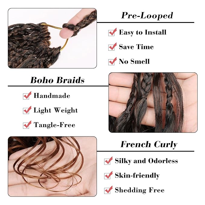Leeven Boho French Curl Crochet Braids 14 Inch 8 Packs Ombre Brown Pre Looped Curly Crochet Hair Goddess Box Braids Loose Wave Synthetic Hair Extensions for Women Girl
