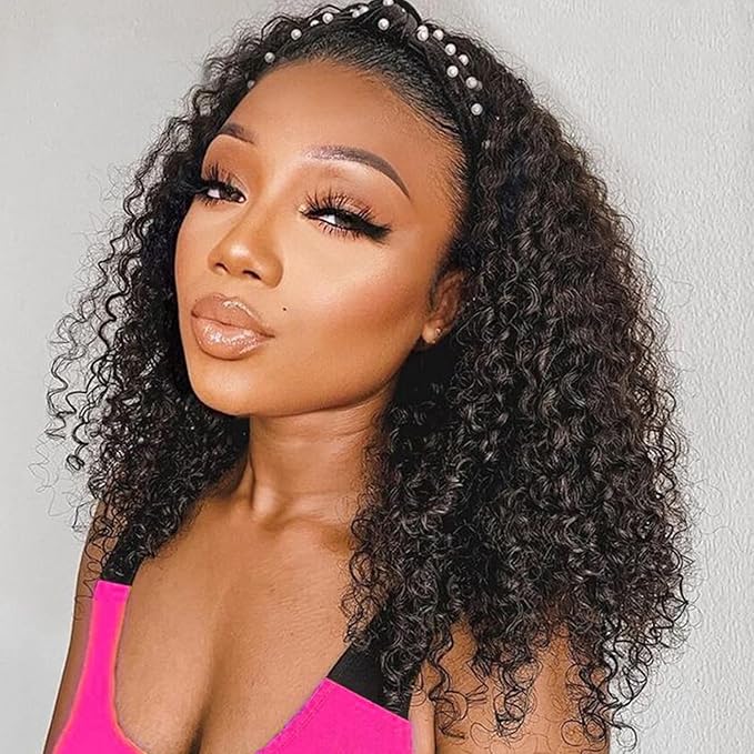 SENSAIRUITE Headband Wig Human Hair 14 Inch Deep Wave Headband Wigs for Black Women 180% Density Wear and Go Glueless Curly Wig Natural Color