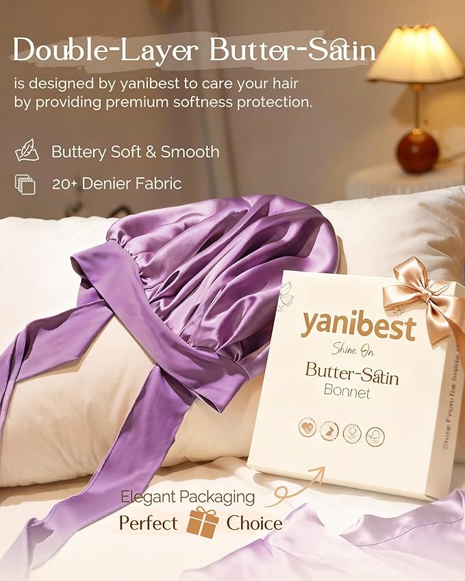 YANIBEST Silk Bonnet for Sleeping Women Adjustable Double Layer Satin Bonnet Reduce Friction Prevent Frizz Natural Curly Hair