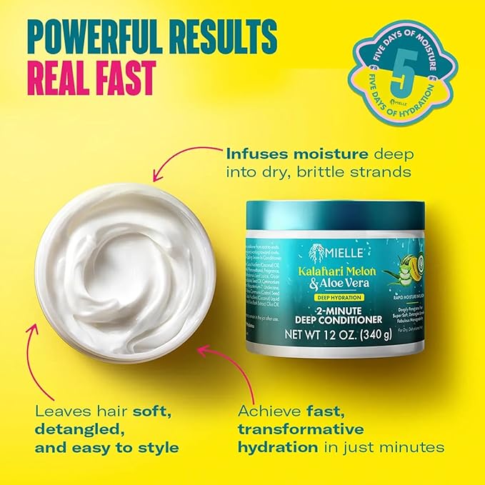 Mielle Organics 2-Minute Deep Conditioner - Kalahari Melon & Aloe Vera Moisturizing Hair Conditioner for Dry, Curly and Textured Hair - Softening, Detangling & Fast-Acting Deep Conditioning, 12 Ounce