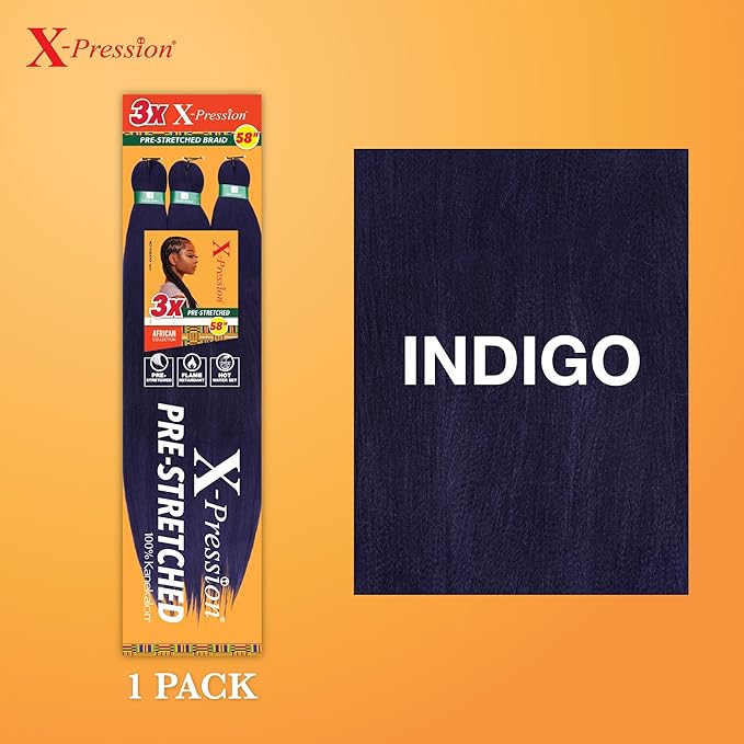 Sensationnel X-pression prestretched braiding hair - 3x braid 58 inch all kanekalon flame retardant synthetic braid for box braids and twists (1 pack, INDIGO)