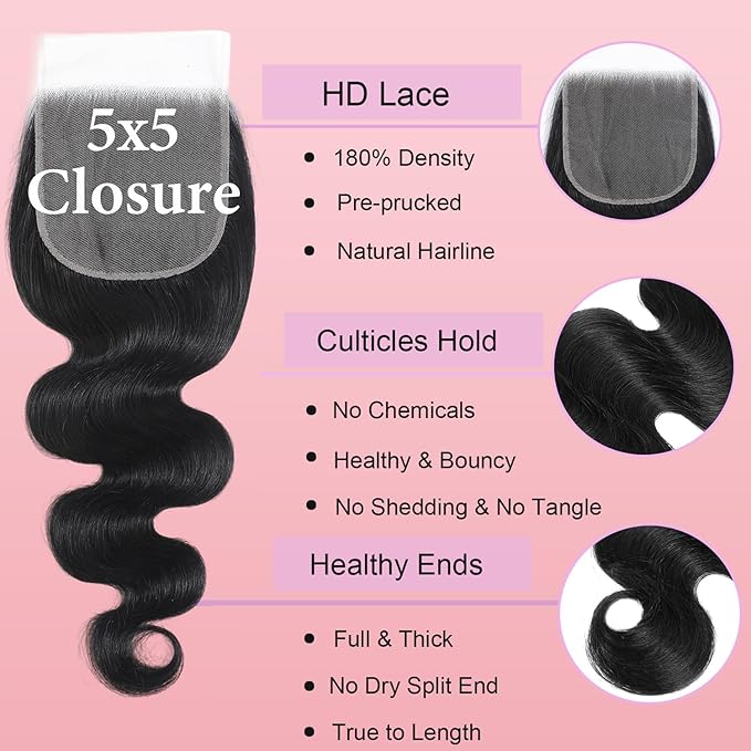 12A Human Hair Bundles with Closure Body Wave Bundles 12 14 16+12 Inch 5X5 HD Lace Closure Human Hair 100% Brazilian Virgin Hair Extensions 3 Bundles Deals Hair Quick Weave Bundle for Women