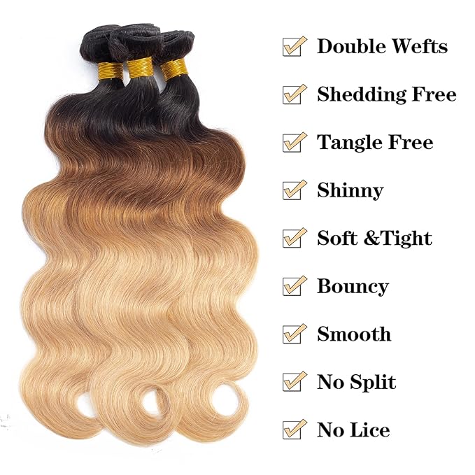 12A Ombre Body Wave Bundles Human Hair with Closure (22 24 26+18") 100% Unprocessed Virgin Brazilian Ombre Brown Body Wave Human Hair Weave Bundles with Closure