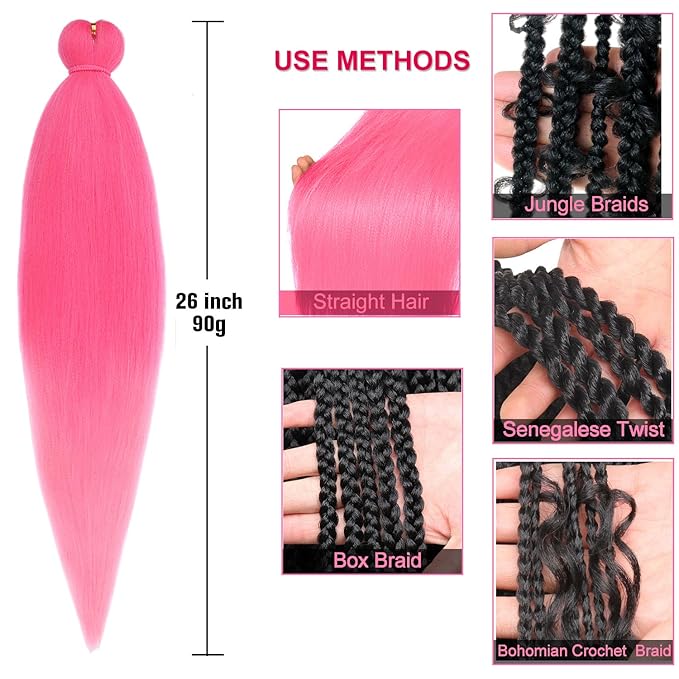Leeven 26 Inch Pink Braiding Hair Pre Stretched Extensions 2 Packs Box Braids Yaki Texture Crochet Braids Hair Hot Water Setting Synthetic Hair For Crochet Butterfly Braids(pink#)