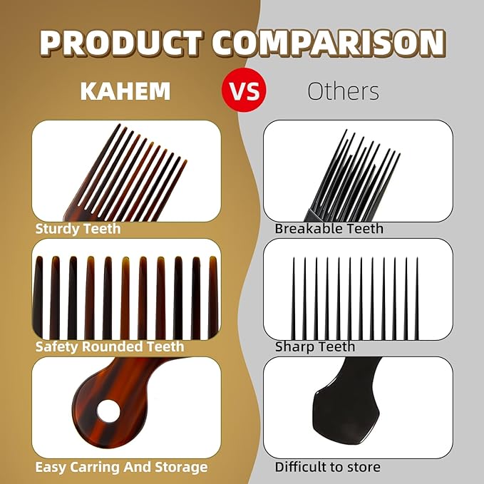 KAHEM Wide Tooth Pick Comb for Long, Thick, Curly Hair - 6.89 Inch Detangling and Lifting Comb for Women and Men's Hair Styling