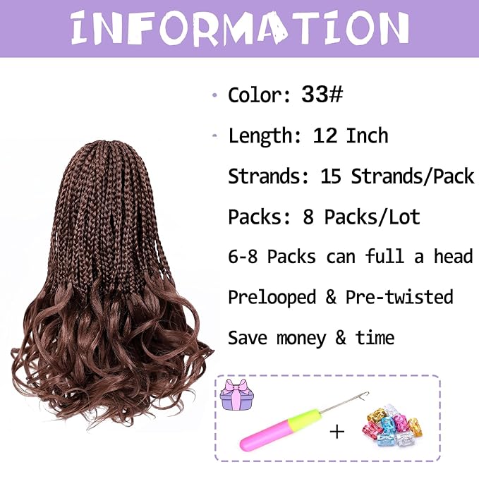 French Curly Braiding Hair Prelooped 12 Inch Dark Auburn Crochet Hair for Women 8 Packs Short Crochet Braids with Curly Ends Synthetic Hair Extension 33#