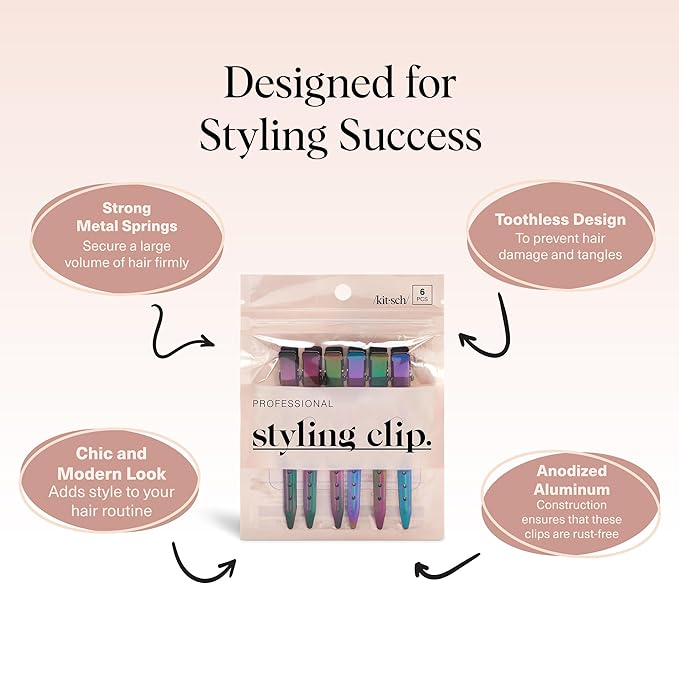Kitsch Professional Alligator Clips for Hair Styling – 3.5" Aluminum Hair Sectioning Clips for Salon & Makeup Application | Lightweight for Stylists | Ideal Gifts for Women – Iridescent, 6 Pcs