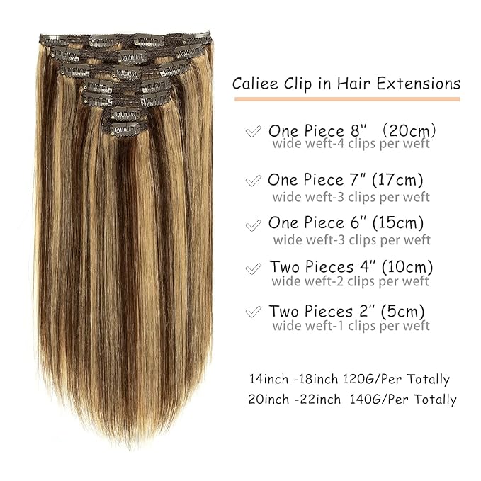 Caliee Remy Hair Extensions Clip in Human Hair Silky Straight for Full Head Clip in Extensions Human Hair Natural Thick Ends Highlighted Color P4/12 Brown Clip in Hair Extensions 22Inch 140G