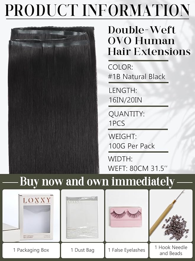 LOXXY Double Weft PU OVO Human Hair Extensions - 16 Inch 100g Seamless Natural Black - Bead in Butterfly Hair Weft- Invisible Straight Bead in Hair Extensions, Twin Tab Weft Width 31.5"