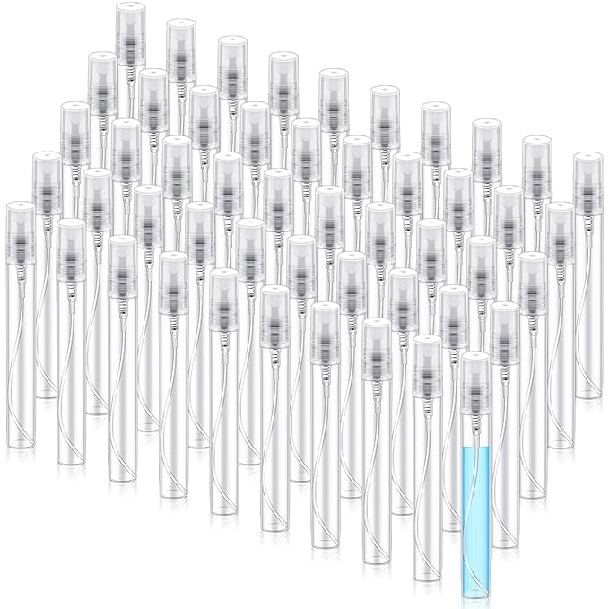Zhehao 50 Pcs Mini Spray Bottles 10 ml Clear Glass Perfume Bottles Refillable Fine Mist Perfume Atomizer Portable Empty Sample Containers for Cleaning, Essential Oils, Travel (Clear Cap)