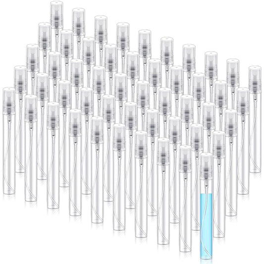 Zhehao 50 Pcs Mini Spray Bottles 10 ml Clear Glass Perfume Bottles Refillable Fine Mist Perfume Atomizer Portable Empty Sample Containers for Cleaning, Essential Oils, Travel (Clear Cap)