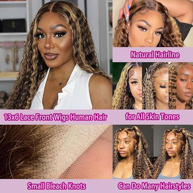 Highlight 13x6 Deep Wave Lace Front Wigs Human Hair 4/27 Ombre Curly HD Transparent Lace Frontal Wig Pre Plucked Glueless Wig human hair 210% Density Wet and Wavy Curly Wigs 18 Inch