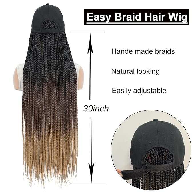 Hat Wig for Women Baseball Cap with Braided Hair Attached 30inch long Synthetic Ombre Box Braid Wig Hat Adjustable Cap with black brown light brown Braids for Daily Outdoor Use