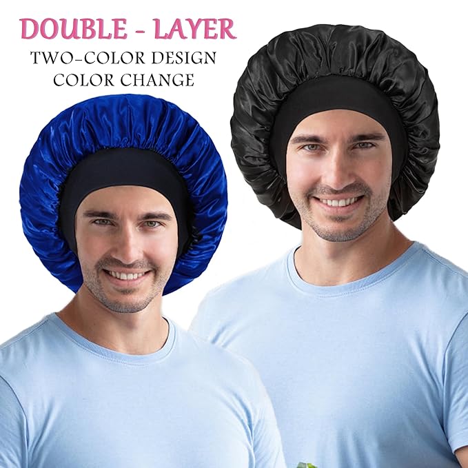 2pcs Bonnet for Men, Bonnets for Women, Satin Silk Hair Bonnet for Sleeping, Reversible Double Layer Wide Band Sleep Cap for Curly Hair Braids