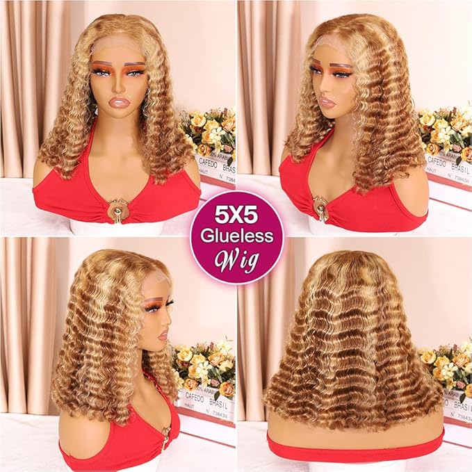 Curly Bob Wig Human Hair Deep Wave 200% Density 5x5 HD Lace Closure Wigs Human Hair Bob Wigs For Black Women Wear And Go Glueless Curly Wig Highlight Color 14 Inch