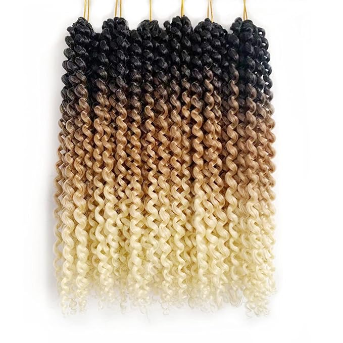 6 Packs Passion Twist Hair 14 Inch Water Wave Crochet Bohemian Curl Passion Twist Synthetic Crochet Braiding Hair Extensions Black Brown Honey Blonde Curly Hair (14inch, T1B/27/613)