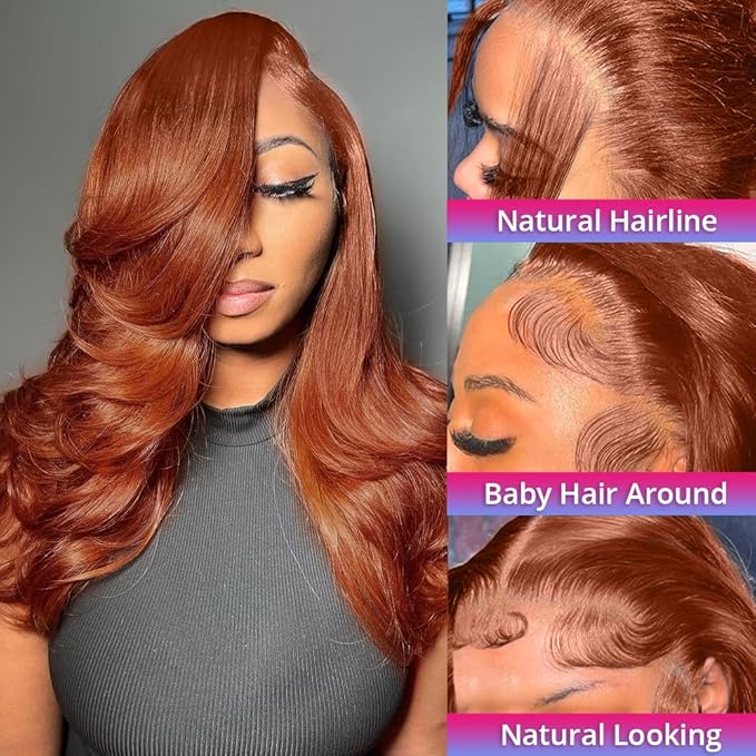 Ginger #33 Colored Lace Front Wigs - 13x6 Reddish Brown Human Hair Pre Plucked Transparent Body Wave Wigs - 36 Inch