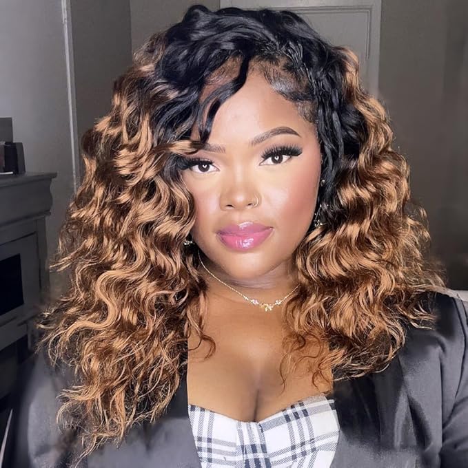 ToyoTress Ocean Wave Feather Crochet Human Hair - 12 Inch 250G Invisible Knotless Water Deep Wave Crochet Human Hair For Black Women Ombre Brown Braiding Hair (12 Inch, OT30-250G)