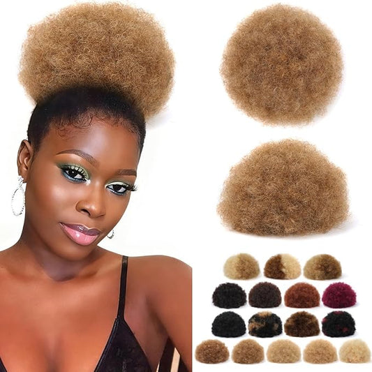 Afro Puff Drawstring Ponytail Extension 8 Inch #6 Honey Brown 100% Human Hair Durable Natural Soft and Smooth Hair Extensions Clip On Ponytail Bun