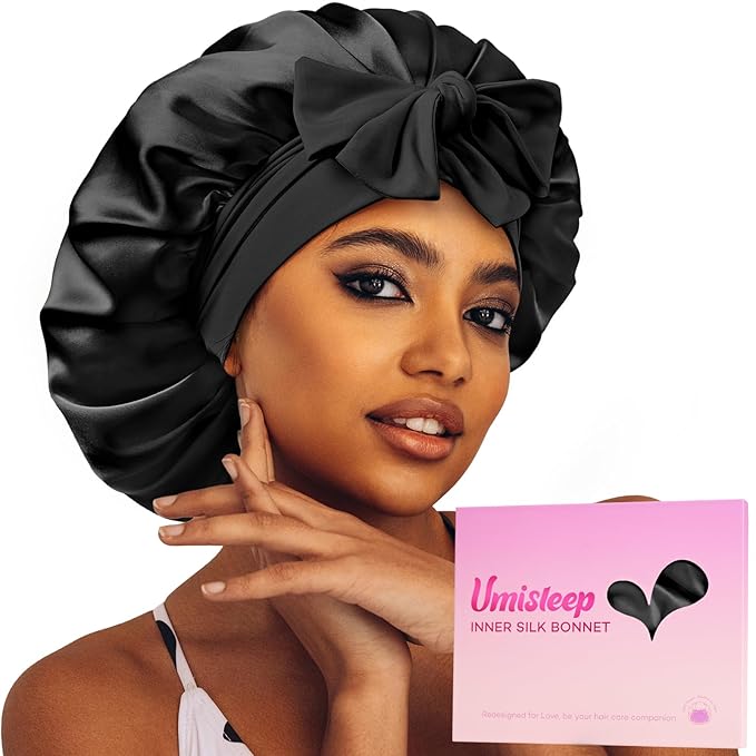 Umisleep Silk Bonnet, Soft Hair Bonnet for Sleeping, Real Mulberry Silk Lining, Bonnets for Women Hair Care, Double Layer Hair Cap with Tie, Large Silk Hair Wrap for Curly Long Hair, Black