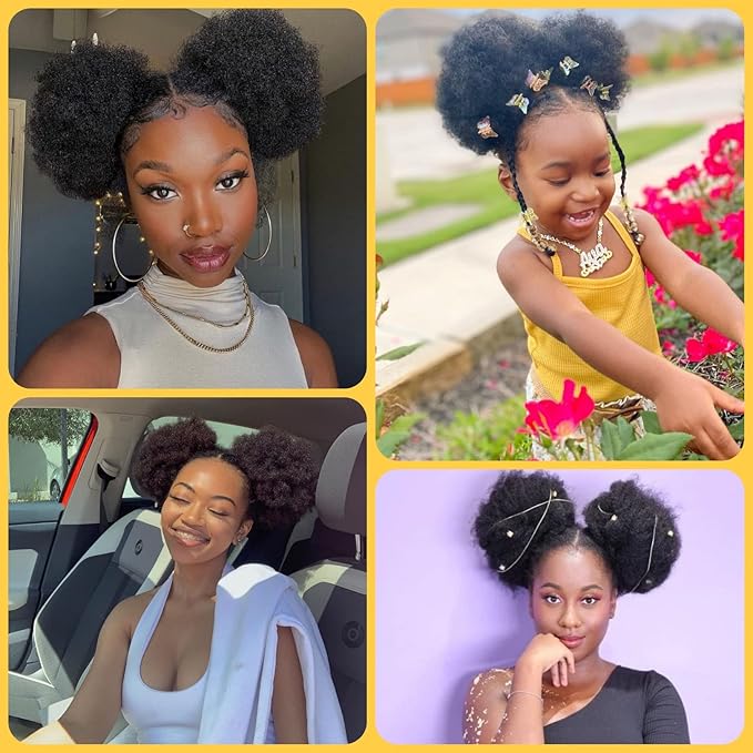 Afro Puff Drawstring Ponytail Human Hair Small Kinky Curly Ponytail Buns Hairpieces 8A Brazilian Virgin Hair Short Clip In Ponytails for Black Women Girls Kids 6 Inch Natural Black
