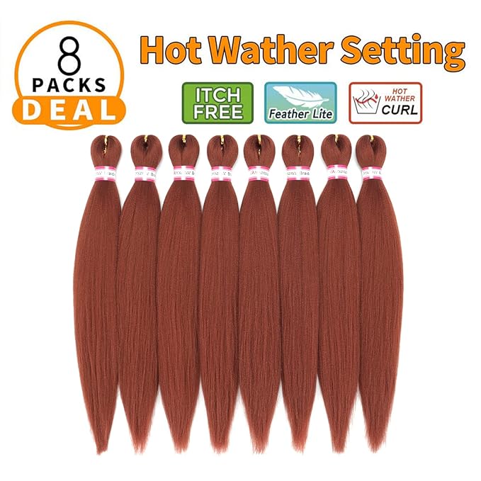 Ginger Braiding Hair Pre Stretched 20 Inch 8 Packs Braiding Hair Extensions for Crochet Box Braids Twists Locs Hair Itch Free Soft Yaki Texture Hot Water Setting (20inch,#350)
