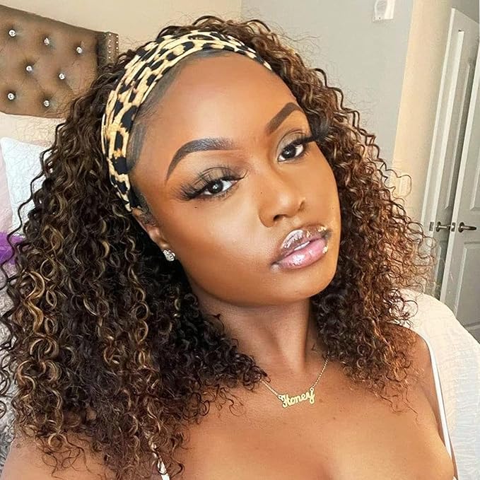 Smoothair Ombre Highlight Headband Wig Human Hair 4/27 Kinky Curly Headband Wig for Black Women 12 Inch None Lace Front Wigs Glueless 150% Density