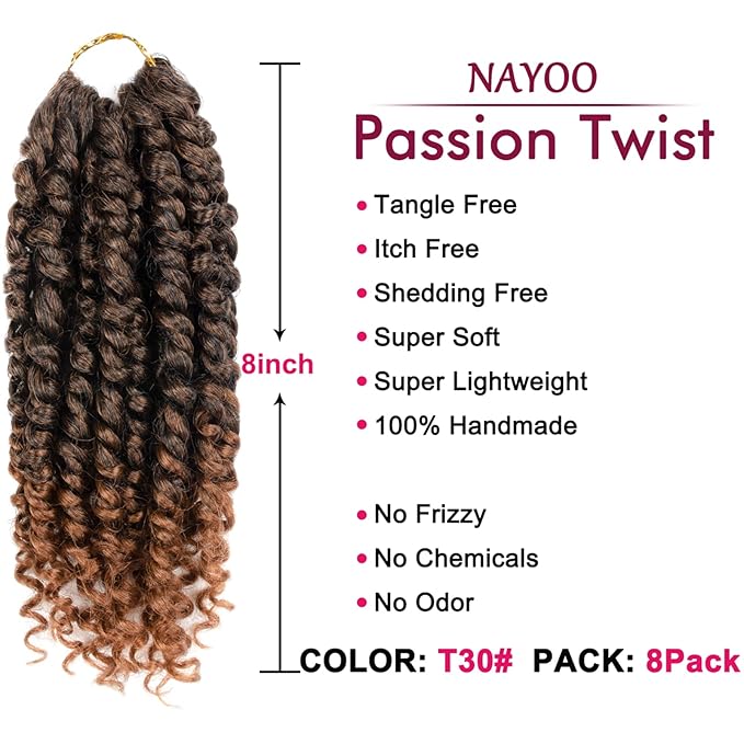 Passion Twist Hair - 8 Packs 8 Inch Passion Twist Crochet Hair For Women, Crochet Pretwisted Curly Hair Passion Twists Synthetic Braiding Hair Extensions(8 Inch 8 Packs, T30)