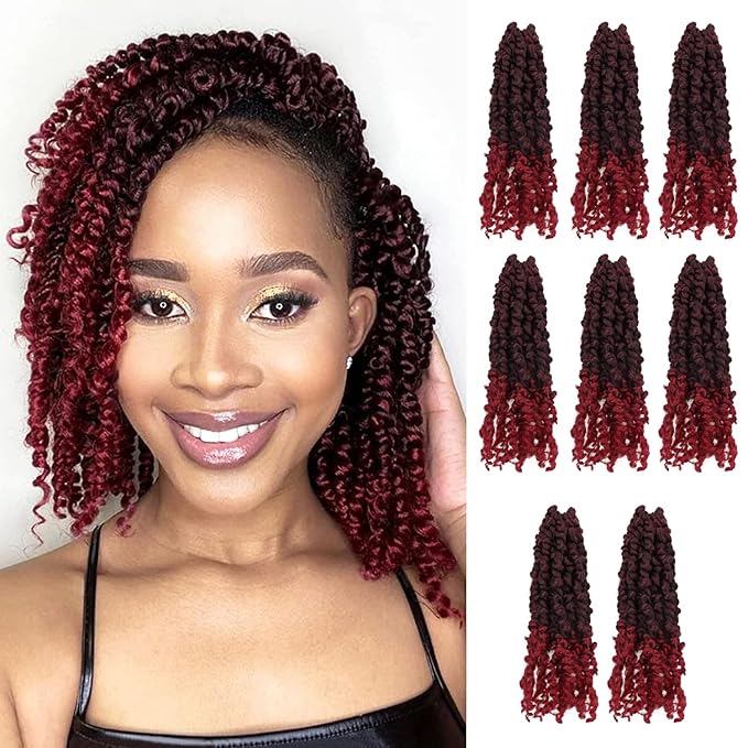 10 Inches 8 Packs Passion Twist Hair-Ombre Burgundy Pre-twisted Passion Twists,Pre-Looped Crochet Hair Spring twist Hair Extensions(10 Inch(Pack of 8), TBUG)