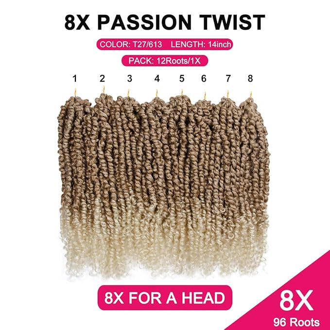 Passion Twist Hair - 8X 14 Inch Passion Twist Crochet Hair For Women, Crochet Pretwisted Curly Hair Passion Twists Synthetic Braiding Hair Extensions (14 Inch, T27/613)