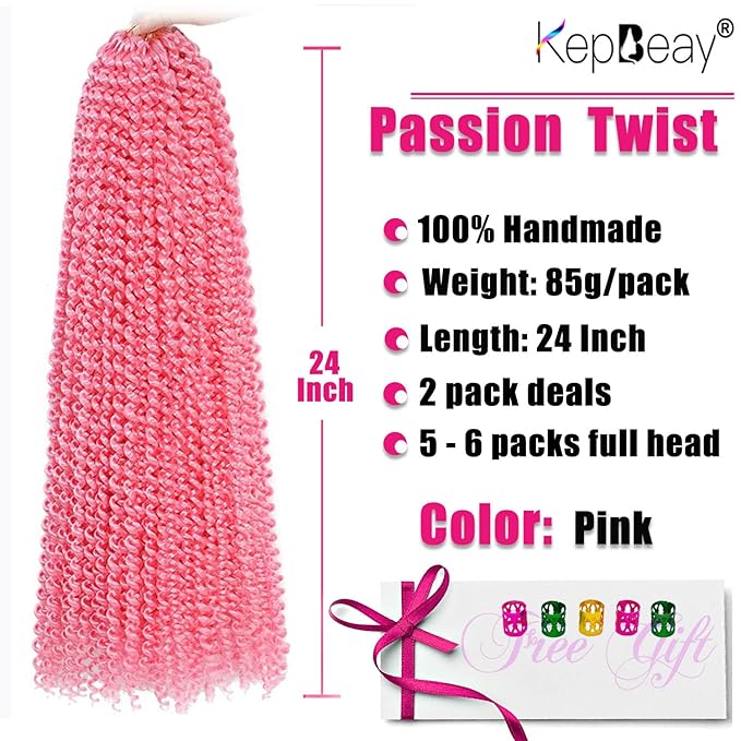 24Inch Passion Twist Hair Pink 2Packs Water Wave Crochet Hair Long Bohemian Braids Hair Synthetic Extensions (24 Inch (Pack of 2), Pink)