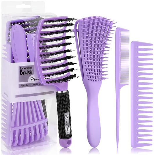 Hommtina Detangling Brush 4 Pack Curly Hair Brush Getting Shine and Makes Hair Smooth, Detangler Boar Bristle Hair Brush for Adult & Kids Wet or Dry Hair (4 PCS, Purple)