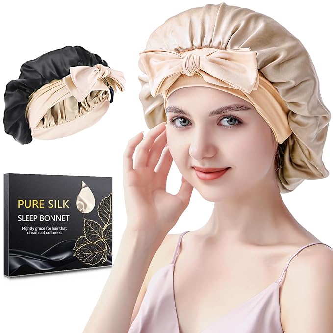 Silk Bonnet for Sleeping Women, 22 Momme 100% Mulberry Silk Sleep Cap, Double-Layer Reversible Silk Hair Wrap for Women & Night Hair Care, Fits All Hair Types - Champagne