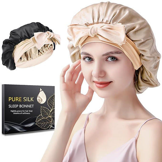 Silk Bonnet for Sleeping Women, 22 Momme 100% Mulberry Silk Sleep Cap, Double-Layer Reversible Silk Hair Wrap for Women & Night Hair Care, Fits All Hair Types - Champagne