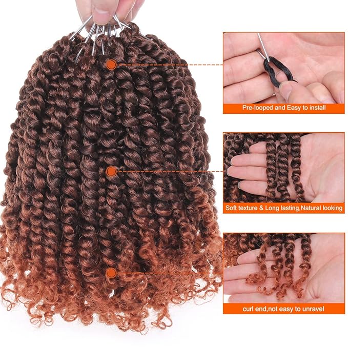ZRQ Short 8 Packs Pre-twisted Bob Passion Twist Crochet Hair with Curly Ends 10 Inch Pre looped Ombre Copper Red Passion Twists Hair 12 Roots/Pack Synthetic Crochet Braids Hair for Women T350#