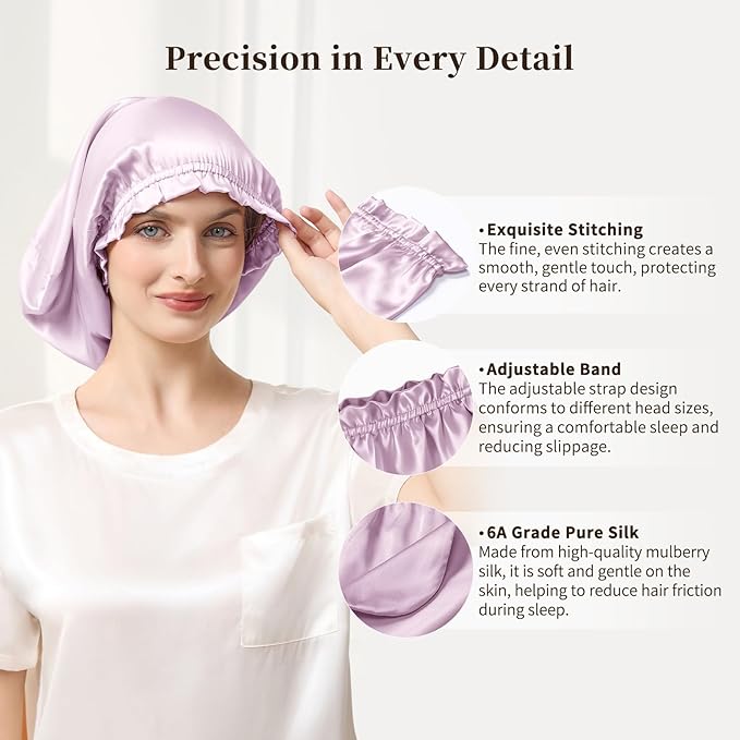 THXSILK 100% Mulberry Silk Bonnet for Sleeping Women, Silk Bonnet with Elastic Band, Hair Wrap Cap for Women Curly Hair, Light Purple