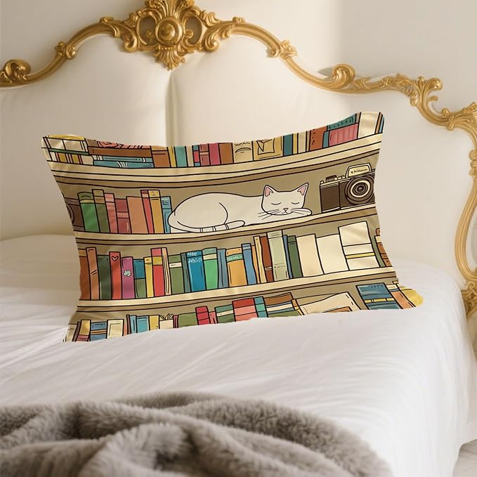 Silk Pillowcase for Hair and Skin Cartoon White Cat Bookshelf Satin Pillowcase Standard Size with Zipper Silky Soft Cooling Satin Pillowcase Sleeping for Women 20"x26"