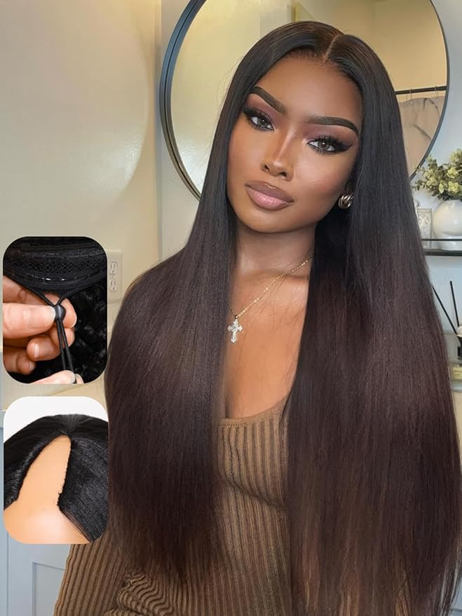 Julia Hair V Part Yaki Glueless Human Hair Wig Seamless Edge Clip in Half Wig Vpart Wigs No Sew in No Glue Ombre Chestnut Brown Upgrade U Part No Leave Out Beginner Friendly 26 Inch