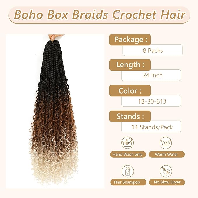 8 Packs Boho Braids Crochet Hair-24 Inch Crochet Box Braids- Bohomian Box Braid Crochet Hair Synthetic Braiding Hair Goddess Box Braids Crochet Hair for Black Women(1B/30/613#)