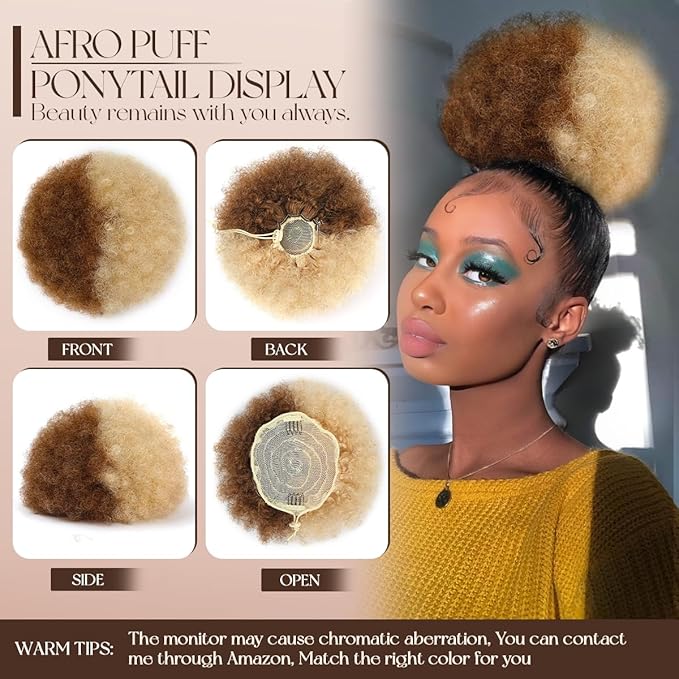 Ponytail Extension for Black Women #P4-613 Half Medium Brown Half Bleach Blonde 4c Human Hair Durable Natural Soft and Smooth Afro Chignon Hairpieces