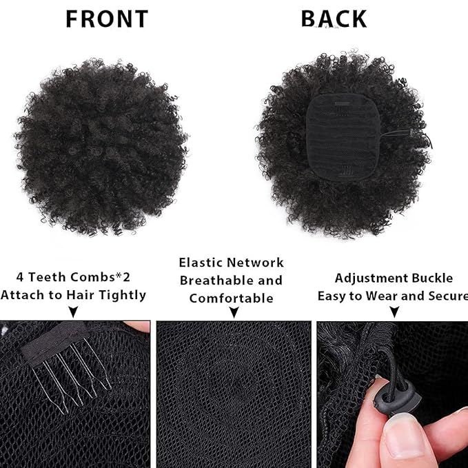 Afro Puff kinky curly Drawstring Ponytail Extension for Women Synthetic Short Afro Kinkys Curly Afro Bun Extension Hairpieces Updo Hair Extensions with Two Clips(1B)
