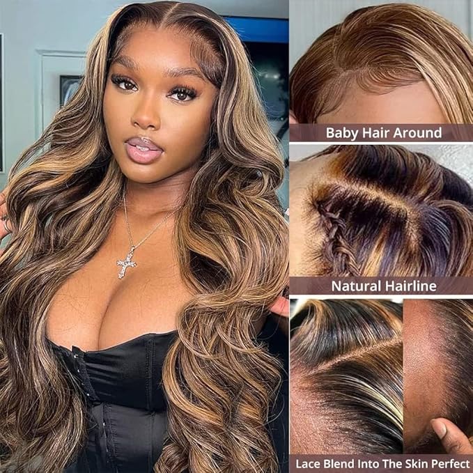 MEGOOD 13x6 Honey Blonde Wig Human Hair 4/27 Colored Wigs HD Transparent 13x6 Body Wave Lace Front Wigs Pre Plucked For Women 200 Density Highlight Ombre Lace Front Wig Human Hair Glueless Wigs