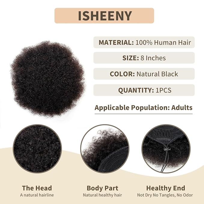 isheeny Large Afro Puff Drawstring Ponytail Puffs Natural Black 8 Inch Curly Drawstring Ponytail For Youth Girl Naturally Styled Hairpiece, Enhancing Your Beauty And Youthfulness