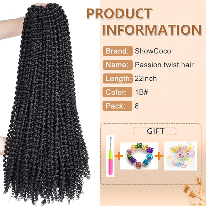 ShowCoco 8 Packs Passion Twist Hair Water Wave Braiding Hair Curly Passion Twist Crochet Hair Braiding Hair Synthetic Hair Extension (22 Inch, #1B)
