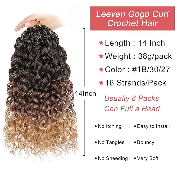 Leeven Gogo Curl Crochet Hair 14 Inch 8 Packs Ombre Brown to Honey Blonde Ocean Wave Crochet Hair Pre Looped Deep Twist Goddess Box Braids Short Curly Water Wave Synthetic Hair for Women Girl Kids