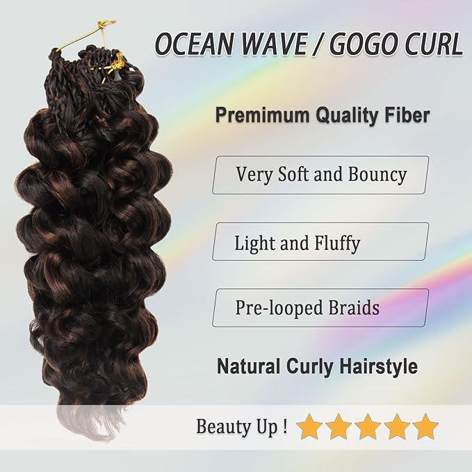 Short Crochet Hair Curly Highlight 4/30 Brown GoGo Curl Crochet Hair for Black Women Ocean Deep Water Wave Beach Curl Crochet Braids Soft Like Human Hair 7 Pack Natural Look Hair Extensions 12 Inch