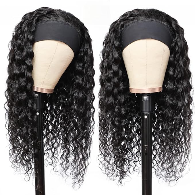 Aiterina 26 Inch Headband Wig Human Hair Deep Wave Headband Wigs for Black Women Virgin Human Hair Headband Wig Glueless Curly Headband Wig Human Hair Natural Color