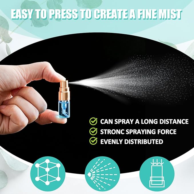 Zhehao 100 Pcs Mini Spray Bottles 2 ml Clear Glass Perfume Bottles Refillable Fine Mist Perfume Atomizer Portable Empty Sample Containers for Cleaning, Essential Oils, Travel (Gold Cap)