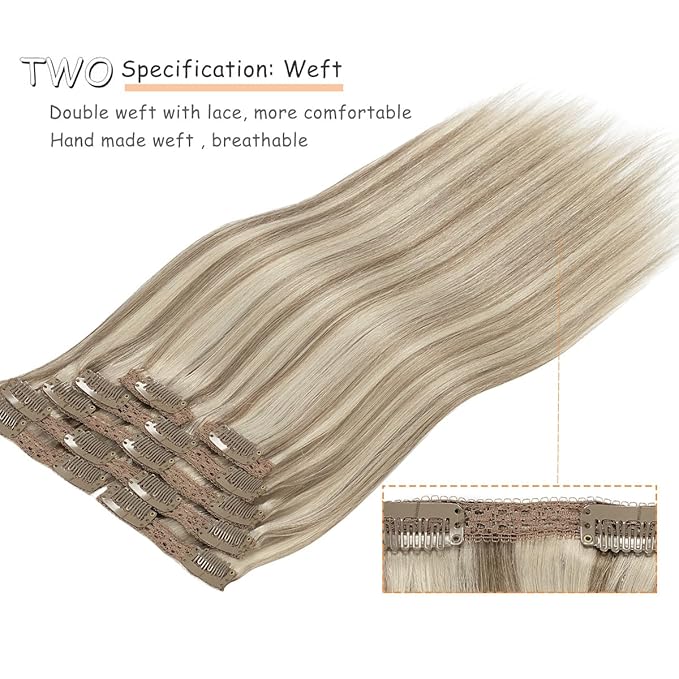 Caliee Hair Extensions Clip in Real Human Hair P18/613 Ash Blonde Highlighted Bleach Blonde Clip in Hair Extensions Double Weft Lace 7 PCS Straight 14 Inch Long Straight